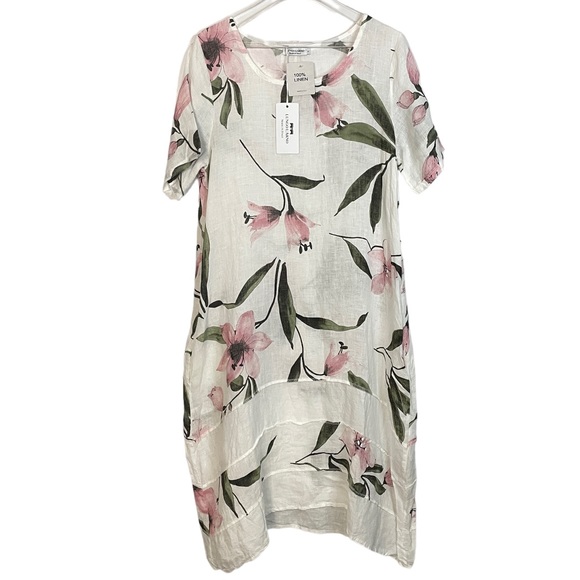 Floral Linen Dress with Pink and Green Accents - Picture 1 of 8